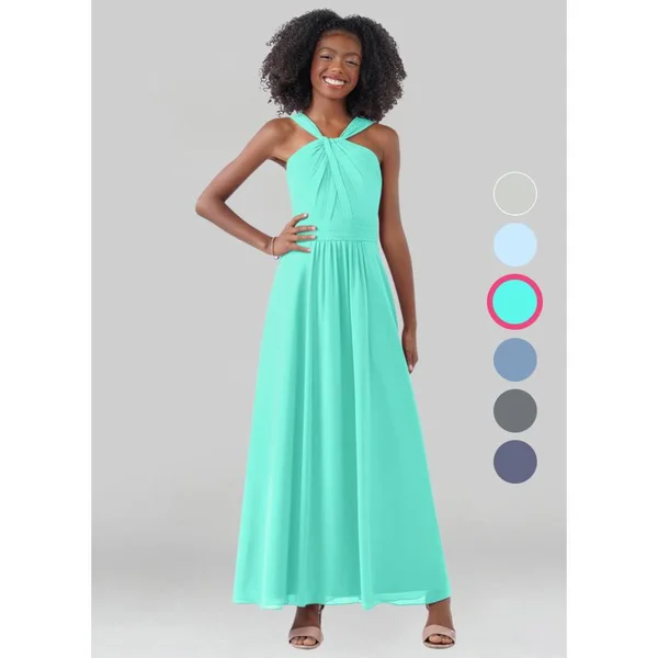 Azazie A-Line/Princess V-Neck Ankle-Length Chiffon Junior Bridesmaid Dresses - Spa