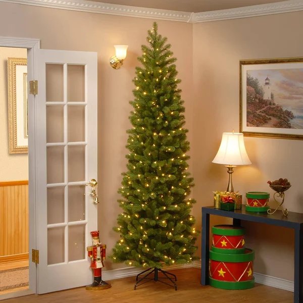 National Tree Company - 7.5ft. Feel Real Down Swept Douglas Fir Pencil Slim Hinged Tree with 350 Clear Lights