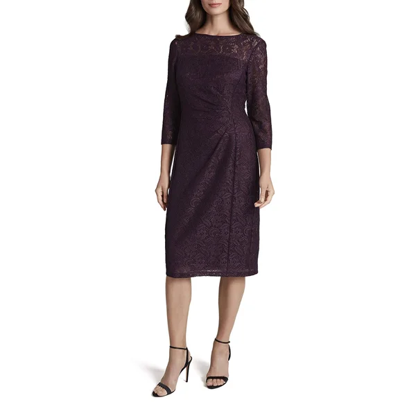 Tahari ASL Side-Ruched Lace Dress - Plum Purple