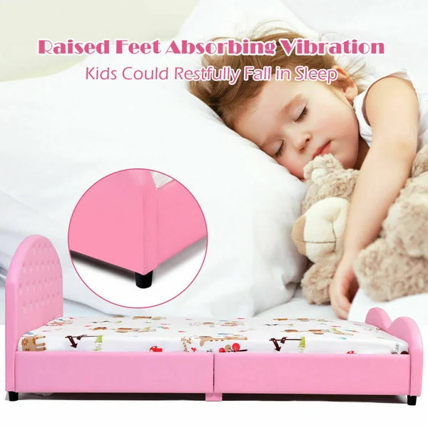 Kids Children PU Upholstered Platform Wooden Princess Bed