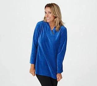 Denim & Co. Active Petite Velour Tunic w/ Crossover Neck, Size Petite X-Small, Lapis Blue