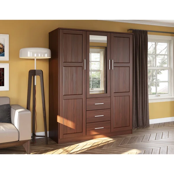 100% Solid Wood 3-Door Cosmo Wardrobe with Mirror 7115 by Palace Imports - Gray