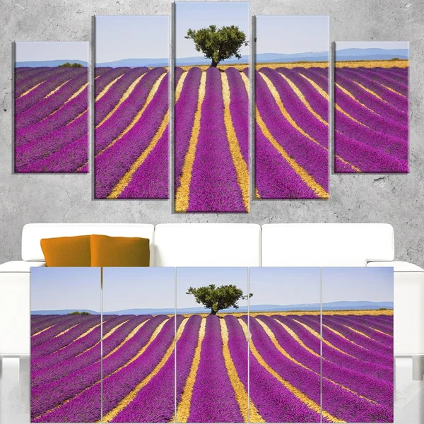 Design Art 'Lavender and Lonely Tree Uphill' 4 Piece Photographic Print on Wrapped Canvas Set, Purple