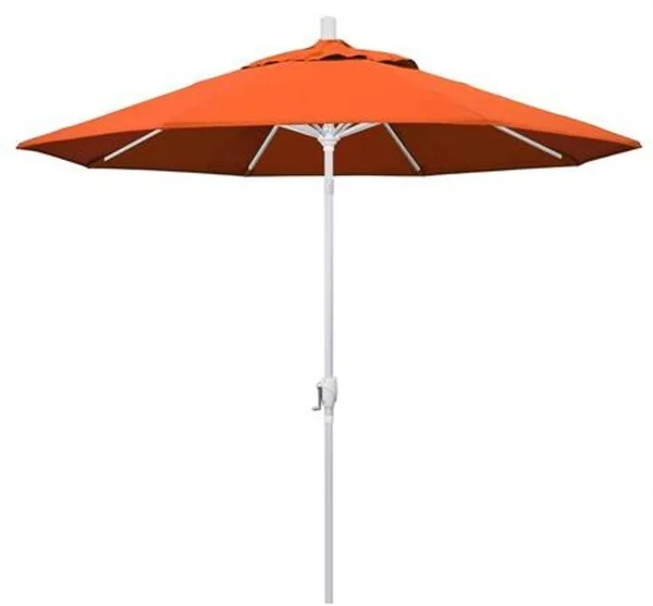 California Umbrella 9 ft. Matted White Aluminum Push Button Tilt Crank Lift Market Patio Umbrella in Tangerine Sunbrella