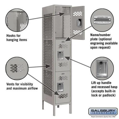 Salsbury Industries 73162GY-U Triple Tier 12-Inch Wide 6-Feet High 12-Inch Deep Unassembled Vented Metal Locker - Gray