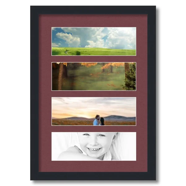 Collage Picture Frame - Satin Black Frame with 4 openings for 4x12 Photos with Red Maple Leaf Mat. D3926CV268, ArtToFrames