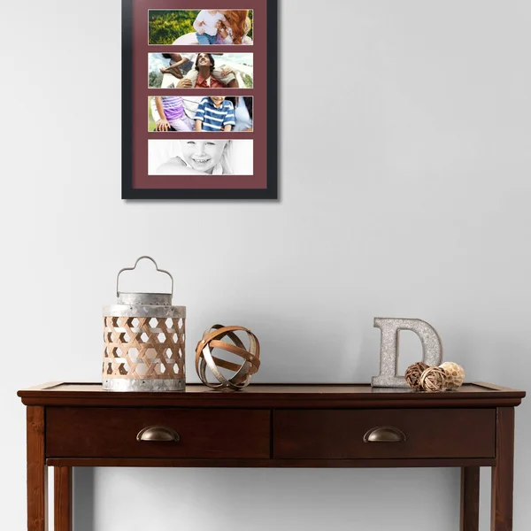 Collage Picture Frame - Satin Black Frame with 4 openings for 4x12 Photos with Red Maple Leaf Mat. D3926CV268, ArtToFrames