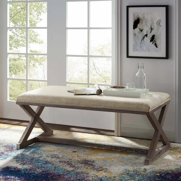 Modway Beige Province Vintage French X-Brace Upholstered Fabric Bench