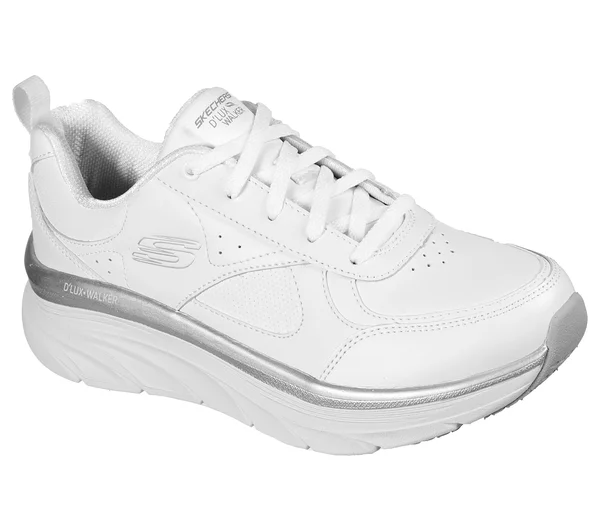 Skechers Women's Relaxed Fit: D&Lux Walker - Timeless Path Sneakers, White/Silver, 5.5