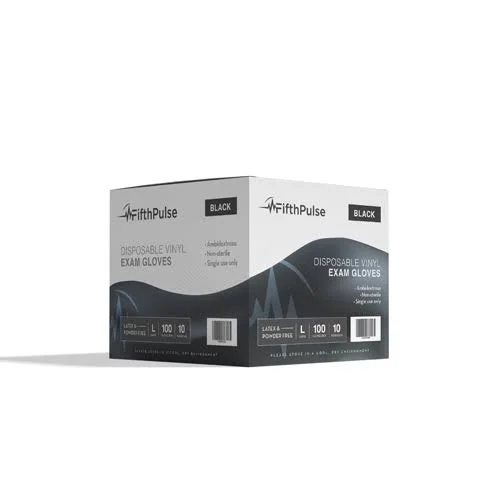 Fifth Pulse Vinyl Exam Latex Free & Powder Free Gloves - Black - 10 Boxes of 100 - 1000 Total (Large)