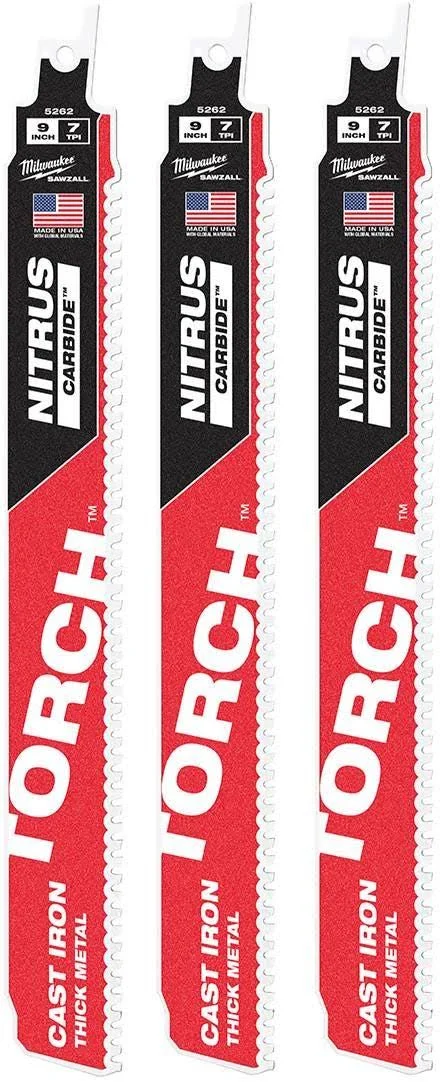 Milwaukee 48-00-5362 9x22 7TPI Sawzall Torch w/ Nitrus Carbide for Cast Iron - 3pk