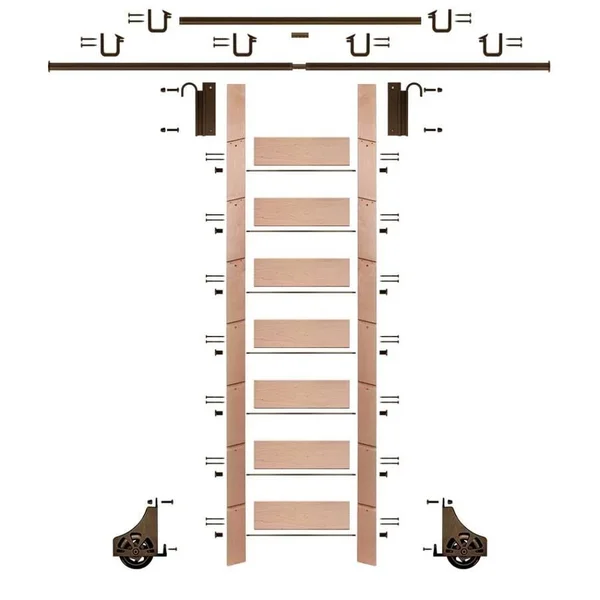 E-Glide 92 in. Un-Finished Red Oak Library Ladder Bronze Sliding Hook Ladder Kit with 12 ft. Rail, EG.300-92RO-12.07
