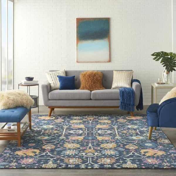 7 x 10 Navy Blue Floral Buds Area Rug