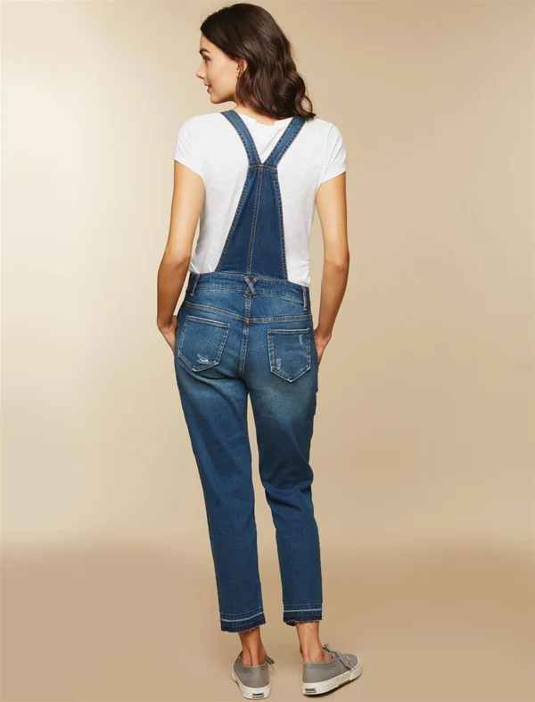 Indigo Blue Side Panel Letdown Hem Maternity Overalls in Medium Wash - S - Motherhood Maternity