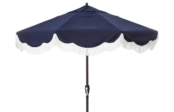 Cloud Fringe Patio Umbrella - Navy Sunbrella - 108x22 - Bronze/Canopy - Navy/White