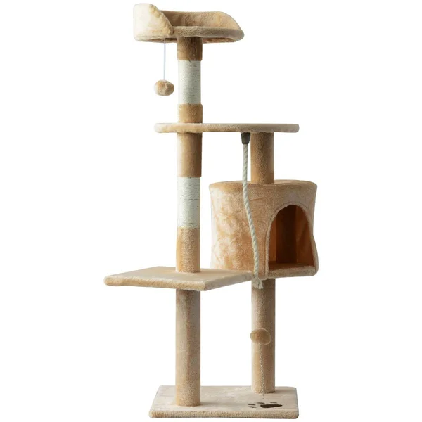 PawHut 45x22 Plush Sturdy Interactive Cat Condo Tower Scratching Post Activity Tree House - Beige - White