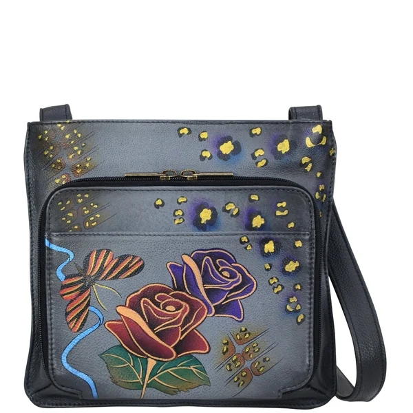 Anna by Anuschka Women's Hand Painted Leather Slim Shoulder Organizer - Rose Safari Grey
