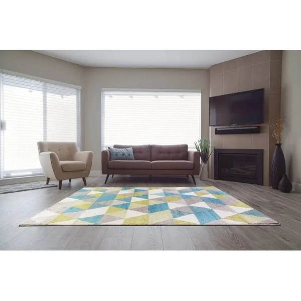 Ladole Rugs Boston Collection Geometric Pattern Empire Triangles Area Rug Carpet in Green Blue White - 8x11 (7'10 inch x 10'5 inc
