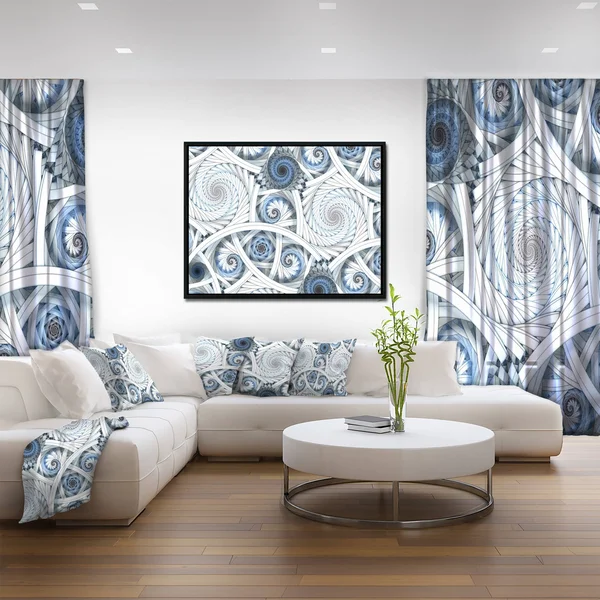 Designart 'White Spiral with Blue Fractal Art' Large Abstract Framed Canvas Art - 40 in. Wide x 30 in. High - Black