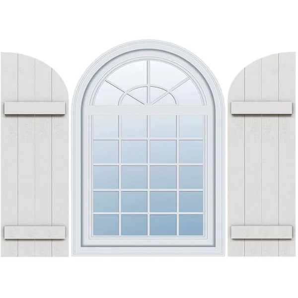21 1/2 inchw x 45 inchh (23 inch Low Side) Rustic Four Board Joined Board-n-Batten Faux Wood Shutters w/Quarter Round Arch Top