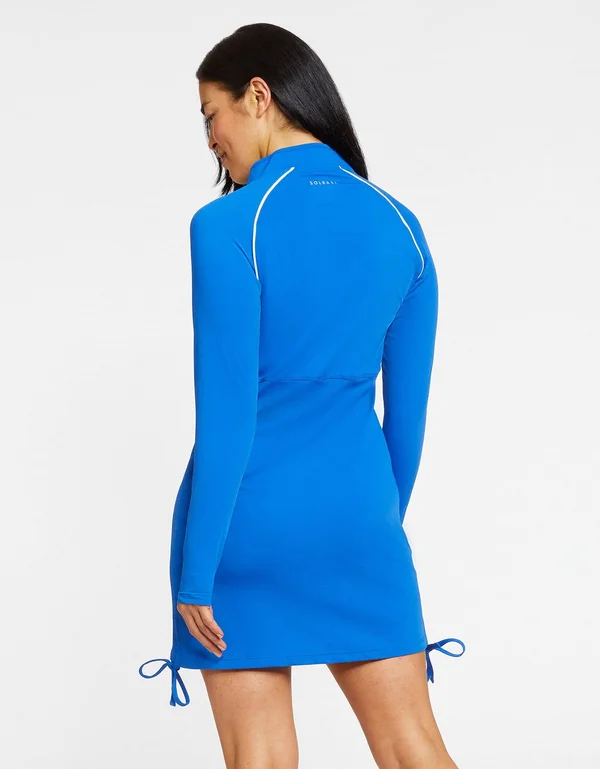 UPF Sun Protective Long Sleeve Swim Dress, Modest Swimwear, Solbari Ocean Blue Dress, White PIPING