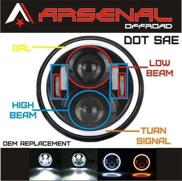 #1 7 inch Round Halo Projectors and Halo Fog Lights 60W Cree Headlights White Halo Angel Eyes+Amber Turning Signal Lights 30W Ha