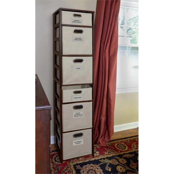 Niche FFSQ6712MWNT 67 in. Flip Flop Square Folding Bookcase with Folding Fabric Bins Mocha Walnut & Natural