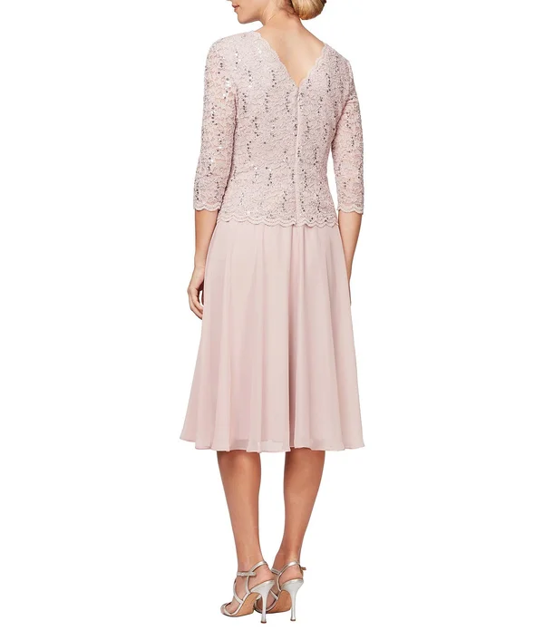 Alex Evenings T-Length Lace and Chiffon Mock Two Piece Dress - Blue