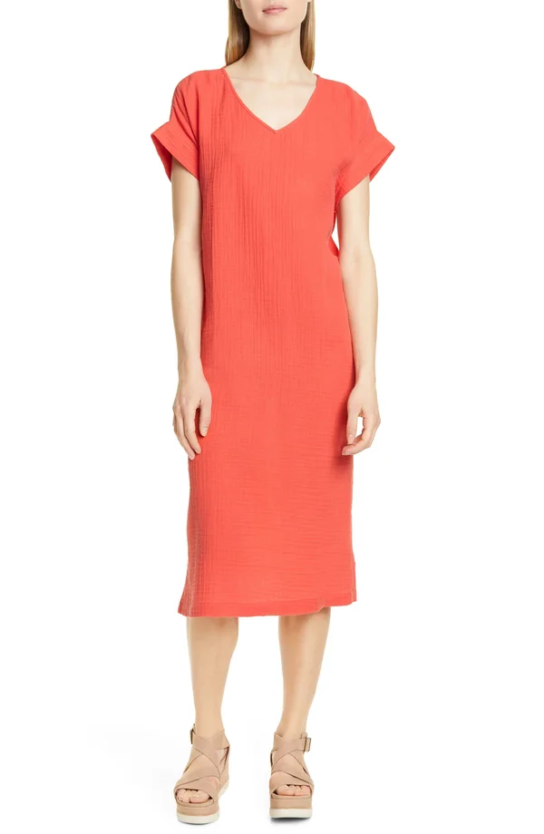 Eileen Fisher Petites Womens Organic Cotton V Neck Shirtdress, Red Orange