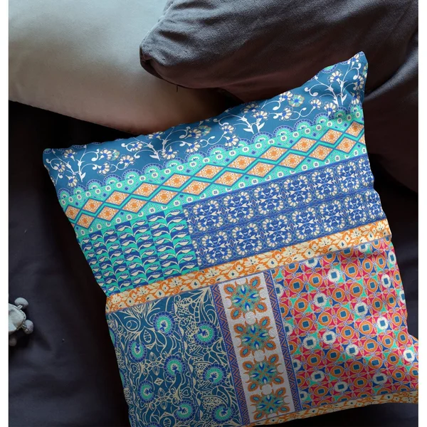 Amrita Sen Flower Castle Patchwork Broadcloth Indoor Outdoor Pillow, Zippered, Blueorange