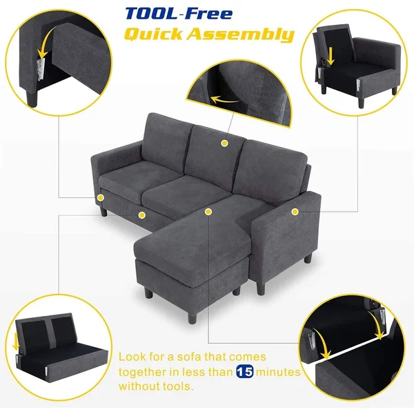 Futzca Convertible Sectional Sofa Couch with Reversible Chaise, Modern Linen Fabric L-Shaped Couch for Small Space - Ash