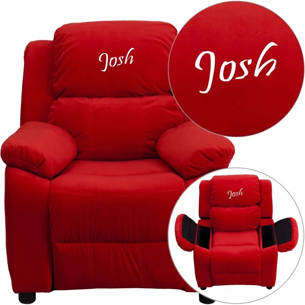 Flash Furniture Personalized Deluxe Padded Red-Microfiber Kids Recliner with Storage Arms