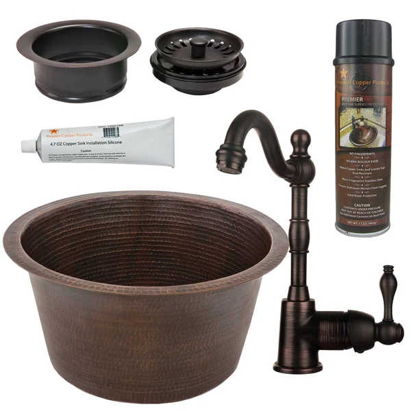 Premier Copper Products 17x22 Round Hammered Copper Bar/Prep Sink - Faucet & Accessories Package