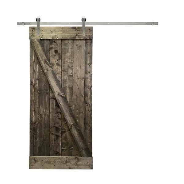 CALHOME 24 in. x 84 in. Z Bar Espresso Stained Solid Knotty Pine Wood Interior Sliding Barn Door with Sliding Hardware Kit, Brow