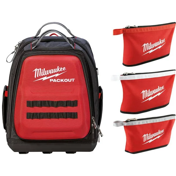 Milwaukee 15 in. PACKOUT Backpack with 3-Pack Zipper Tool Bags, Red