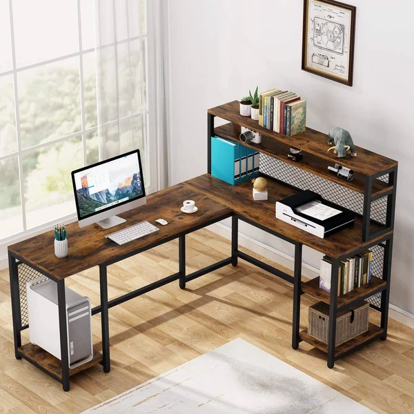 Tribesigns 67 inch Large L-Shaped Computer Desk with Hutch and Bookshelf, Home Office Desk with Storage Shelves and CPU Stand, B