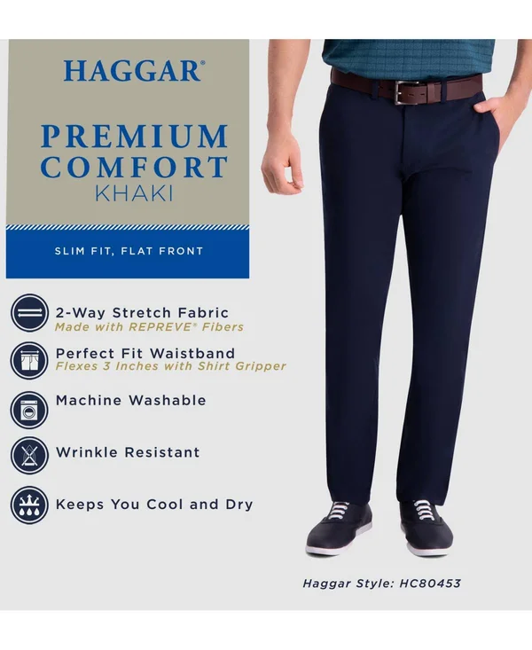 Haggar Grey Premium Comfort Slim Fit Flat Front Khaki Pants