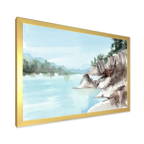 Designart 'Rocks by The Blue Lake' Lake House Framed Art Print - 40 in. Wide x 30 in. High - Black