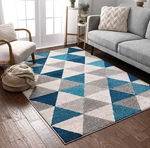 Well Woven Isometry Blue & Grey Modern Geometric Triangle Pattern 7&10x22 x 9&10x22 Area Rug Soft Shed Free Easy to Clean St