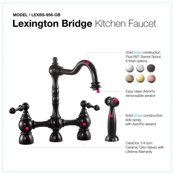 Houzer Lexington Traditional Bridge Kitchen Faucet with Sidespray and CeraDox Technology, Oil Rubbed Bronze (lexbs-956-ob)