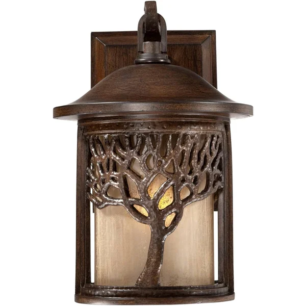 John Timberland Mission Outdoor Wall Light Fixture Bronze Tree Motif 12 1/4x22 Amber Glass Lantern for Exterior House Porch Pati