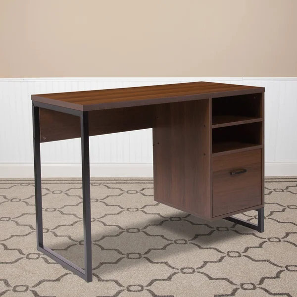 Lancaster Home Rustic Coffee Wood Grain Finish Computer Desk with Metal Frame - Size: Medium, Black