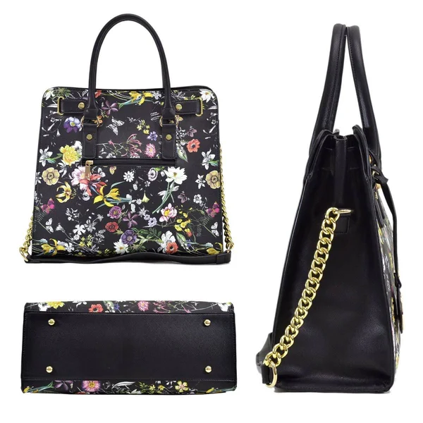 Dasein Large Flower Print Satchel with Matching Wallet White - Women's