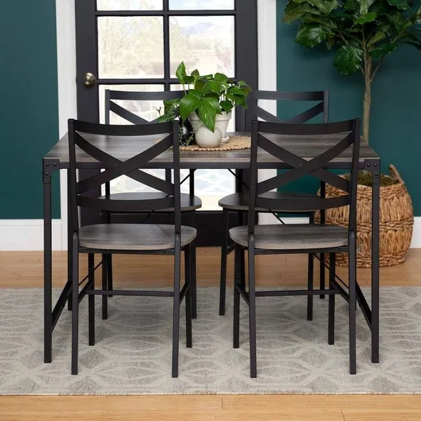 Walker Edison 5 Piece Rustic Angle Iron Dining Set Grey Wash