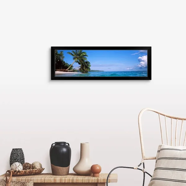 Palm Trees on The Beach - Indonesia, Black Framed Wall Art, 36x12, Great Big Canvas