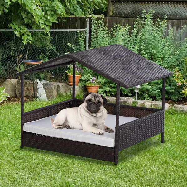 PawHut 4 Sturdy Legs Elevated & Cushioned PE Rattan Dog - Cat House with Comfortable Protective Anti-Slip Sleeping Pad &