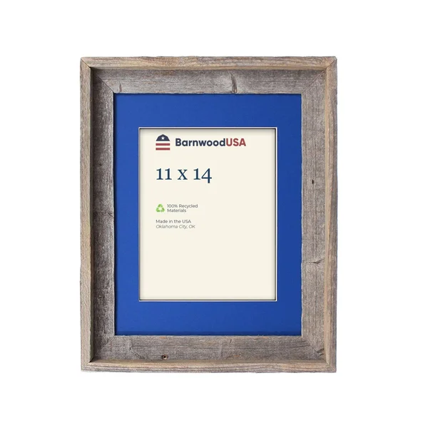 BarnwoodUSA 16 by 20 inch Signature Picture Frame Matted for 11 by 14 inch Photos- 100% Reclaimed Wood - Bottle Blue Mat