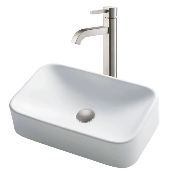 Kraus C-KCV-122-1007SN White Rectangular Ceramic Sink and Ramus Faucet Satin Nickel