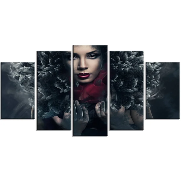 Design Art Passionate Woman in Feather Hood - Art Portrait Canvas Print, 60 x 28 5 Equal Panel