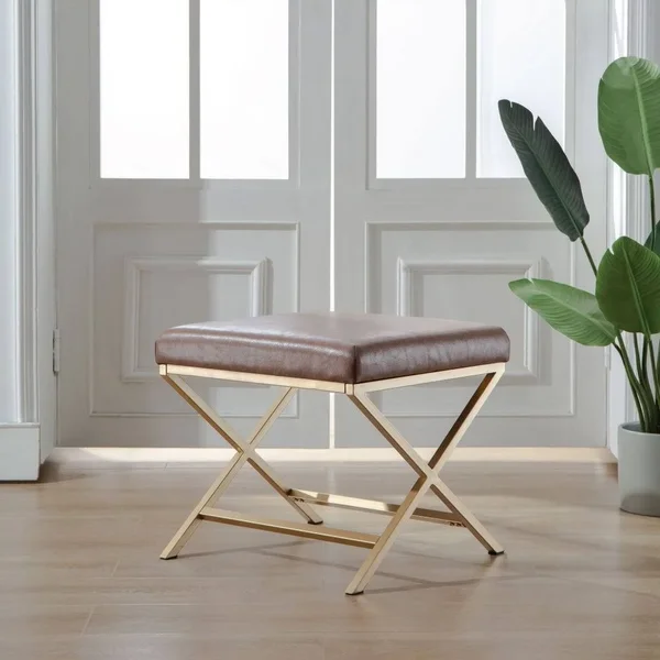 Kotter Home Faux Leather Square Ottoman (Light Brown w/ Gold Legs)